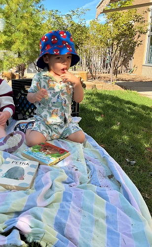 Toddler child reading books on a blanket outside