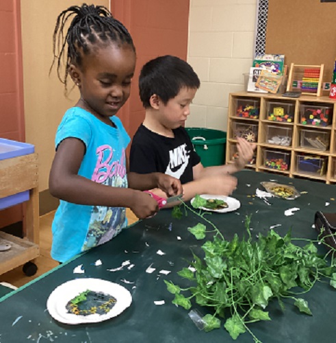 Children cutting fake leaves and vines