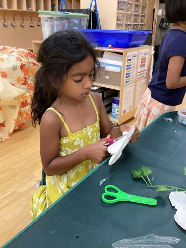 Child sitting at a table using scissors to cut a paper plate